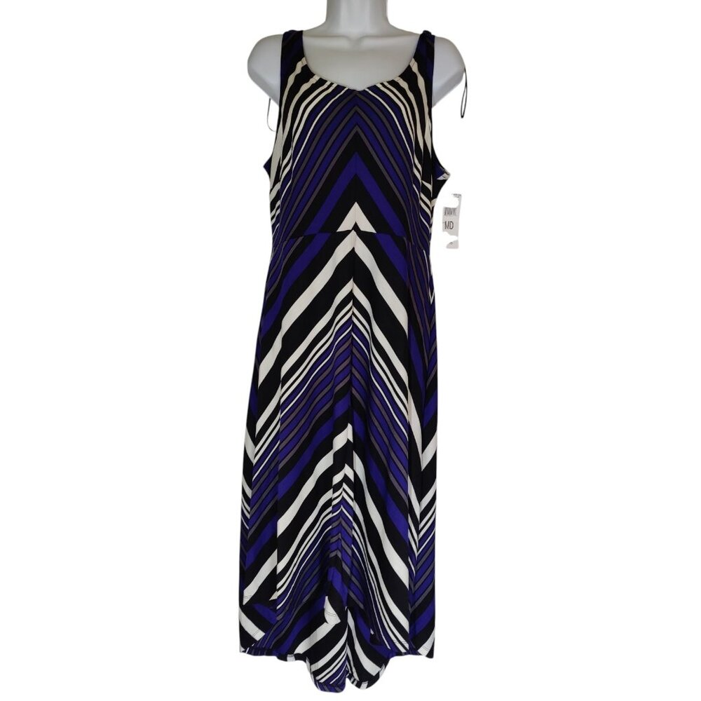 Donna Rico Black White Blue Diagonal Striped Sleeveless Maxi‎ Dress Asymmetric M